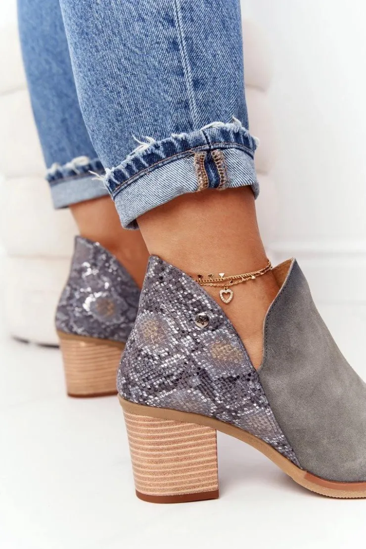 Damskie Maciejka Damskie Skórzane Botki Na Słupku Popielate 04492