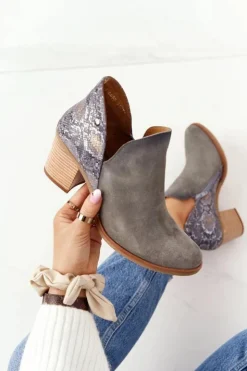 Damskie Maciejka Damskie Skórzane Botki Na Słupku Popielate 04492