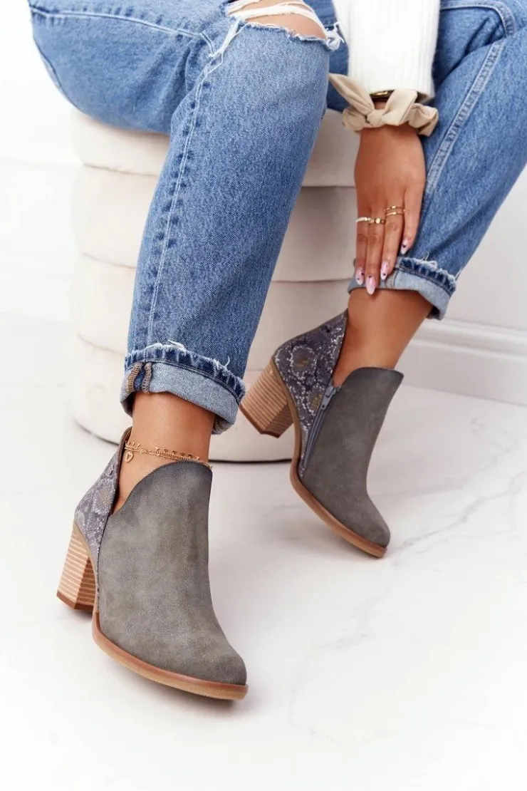 Damskie Maciejka Damskie Skórzane Botki Na Słupku Popielate 04492