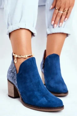 Damskie Maciejka Damskie Skórzane Botki Na Słupku Granatowe 04492-17