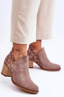 Damskie Maciejka Damskie Skórzane Botki Na Słupku 04492-14 Ciemnobeżowe