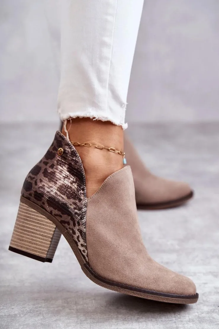 Maciejka Botki Wiosenne|Botki Maciejka*Damskie Skórzane Botki Na Słupku Beżowe 04492-43