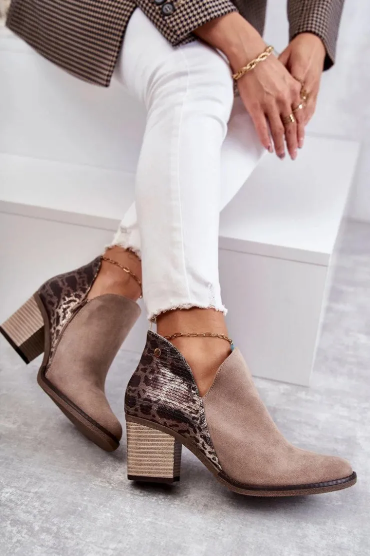 Maciejka Botki Wiosenne|Botki Maciejka*Damskie Skórzane Botki Na Słupku Beżowe 04492-43