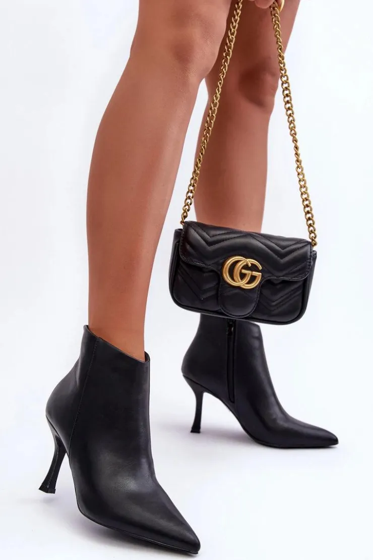 Damskie Boto Damskie Skórzane Botki Na Szpilce Czarne Merisa