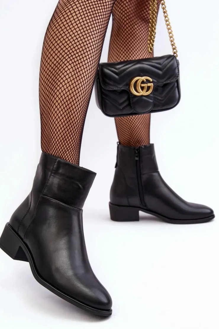 Damskie Buty Sergio Leone Damskie Skórzane Botki Na Suwak Czarne Semotti