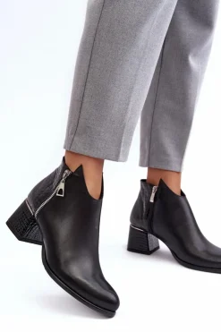 Boto Botki Na Słupku|Czarne Botki*Damskie Skórzane Botki Na Niskim Słupku Zazoo 4111 Czarne