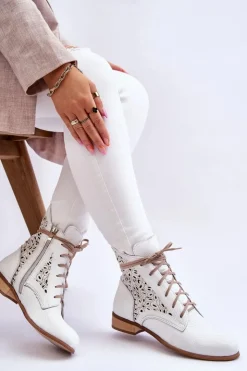 Damskie Boto Damskie Skórzane Botki Na Suwak Lewski Shoes 3186 Biały Groch