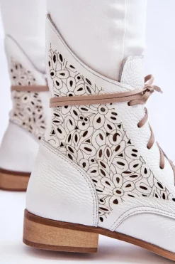 Damskie Boto Damskie Skórzane Botki Na Suwak Lewski Shoes 3186 Biały Groch