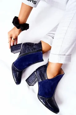 Boto Botki Na Słupku|Botki Na Obcasie*Damskie Skórzane Botki Na Słupku Granatowe I Wish