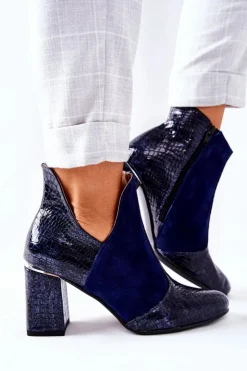 Boto Botki Na Słupku|Botki Na Obcasie*Damskie Skórzane Botki Na Słupku Granatowe I Wish