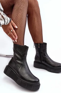 Online Zazoo Damskie Skórzane Botki Na Platformie Czarne Lemar Jenefer