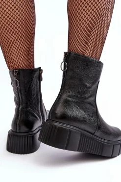 Online Zazoo Damskie Skórzane Botki Na Platformie Czarne Lemar Jenefer