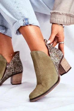 Maciejka Botki Wiosenne|Botki Maciejka*Damskie Skórzane Botki Na Słupku Oliwkowe 04492-24