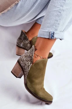 Maciejka Botki Wiosenne|Botki Maciejka*Damskie Skórzane Botki Na Słupku Oliwkowe 04492-24