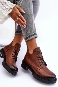 Online Boto Damskie Skórzane Botki Na Płaskim Obcasie Brązowe Lemar Charline