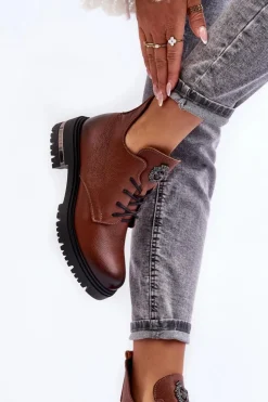 Online Boto Damskie Skórzane Botki Na Płaskim Obcasie Brązowe Lemar Charline