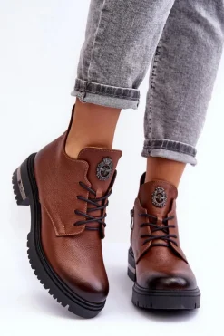 Online Boto Damskie Skórzane Botki Na Płaskim Obcasie Brązowe Lemar Charline