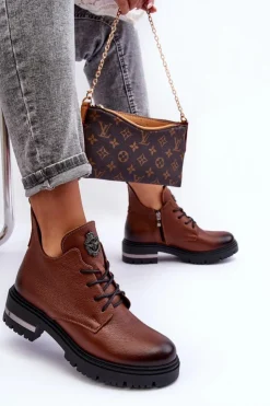 Online Boto Damskie Skórzane Botki Na Płaskim Obcasie Brązowe Lemar Charline