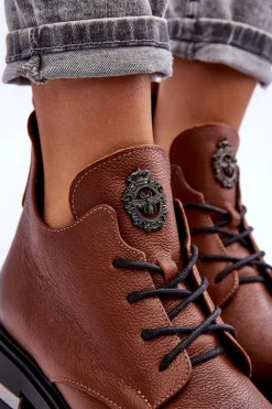 Online Boto Damskie Skórzane Botki Na Płaskim Obcasie Brązowe Lemar Charline