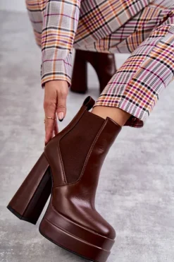 Damskie Boto Damskie Skórzane Botki Na Masywnym Obcasie Brązowe Jones