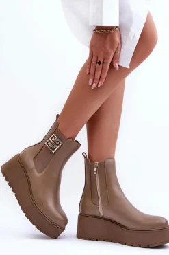 Damskie Boto Damskie Skórzane Botki Na Masywnej Platformie Ciemnobeżowe Lemar Savira