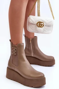 Damskie Boto Damskie Skórzane Botki Na Masywnej Platformie Ciemnobeżowe Lemar Savira