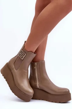 Damskie Boto Damskie Skórzane Botki Na Masywnej Platformie Ciemnobeżowe Lemar Savira