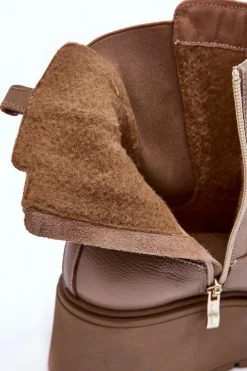 Damskie Boto Damskie Skórzane Botki Na Masywnej Platformie Ciemnobeżowe Lemar Savira