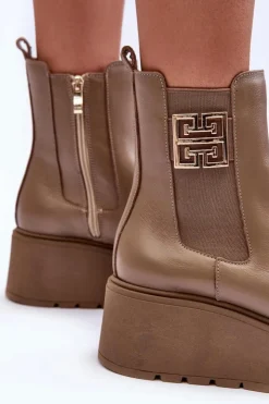 Damskie Boto Damskie Skórzane Botki Na Masywnej Platformie Ciemnobeżowe Lemar Savira