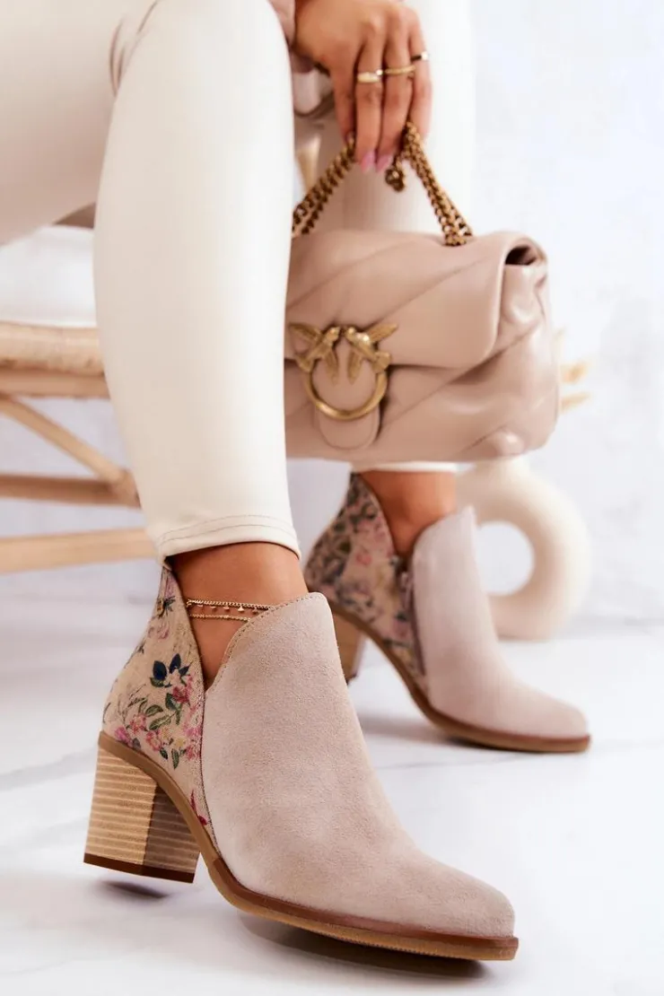 Damskie Maciejka Damskie Skórzane Botki Na Słupku Jasnobeżowe 04492