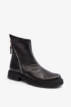 Damskie Laura Messi Damskie Skórzane Botki Na Płaskim Obcasie 2620/975 Czarne