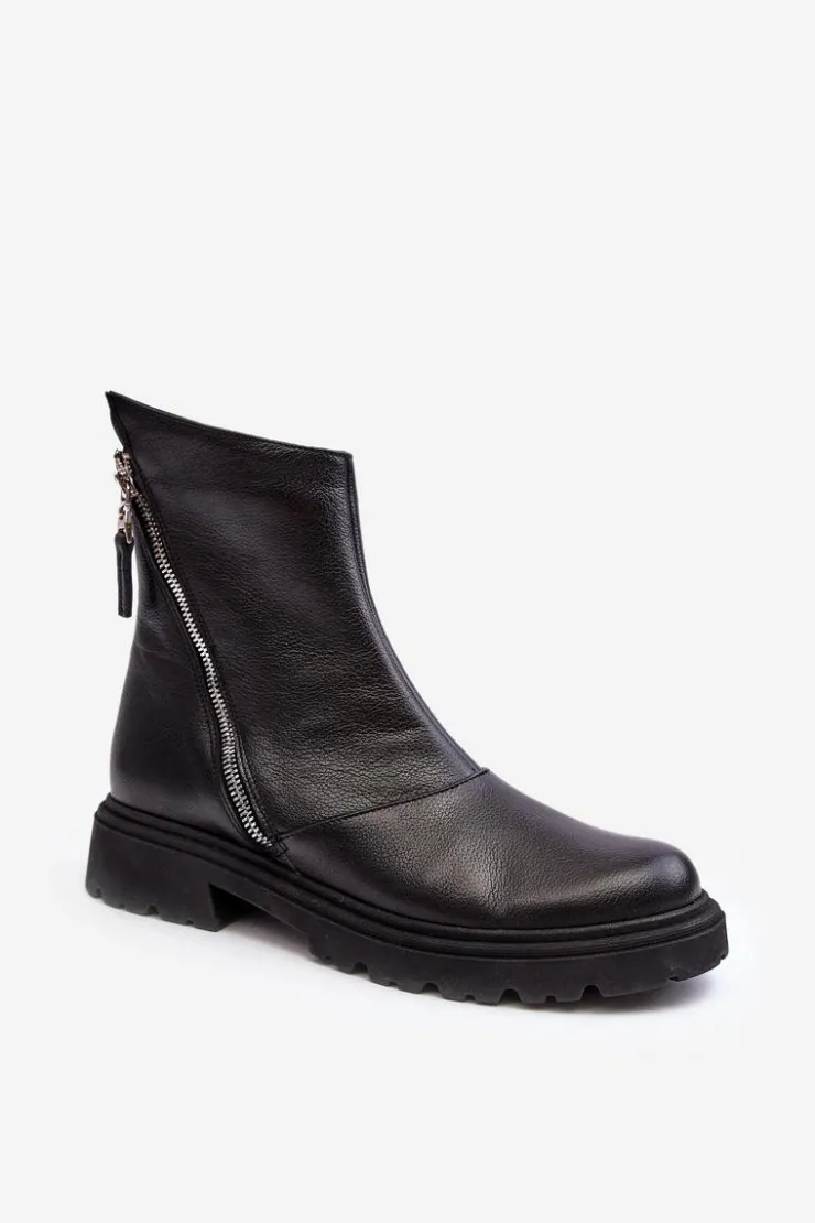 Damskie Laura Messi Damskie Skórzane Botki Na Płaskim Obcasie 2620/975 Czarne