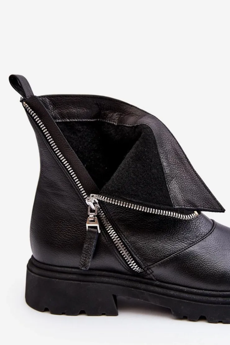 Damskie Laura Messi Damskie Skórzane Botki Na Płaskim Obcasie 2620/975 Czarne