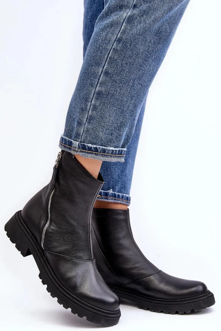 Damskie Laura Messi Damskie Skórzane Botki Na Płaskim Obcasie 2620/975 Czarne