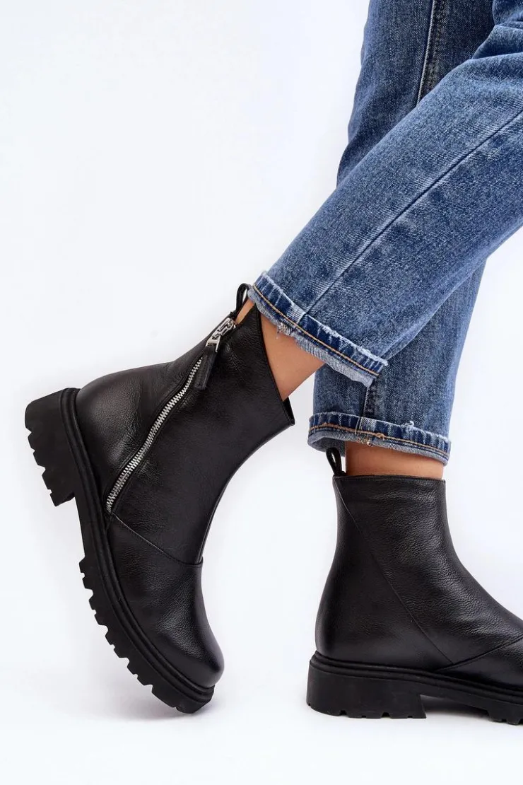 Damskie Laura Messi Damskie Skórzane Botki Na Płaskim Obcasie 2620/975 Czarne