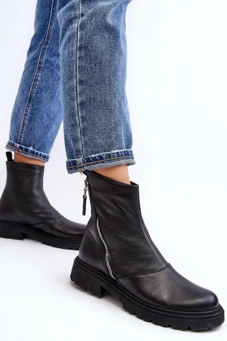 Damskie Laura Messi Damskie Skórzane Botki Na Płaskim Obcasie 2620/975 Czarne