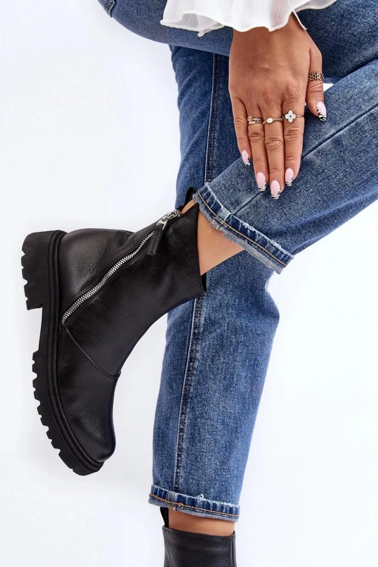 Damskie Laura Messi Damskie Skórzane Botki Na Płaskim Obcasie 2620/975 Czarne