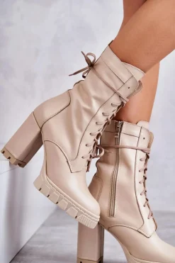 Damskie Boto Damskie Skórzane Botki Na Platformie Beżowe Edna