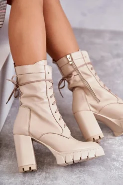 Damskie Boto Damskie Skórzane Botki Na Platformie Beżowe Edna