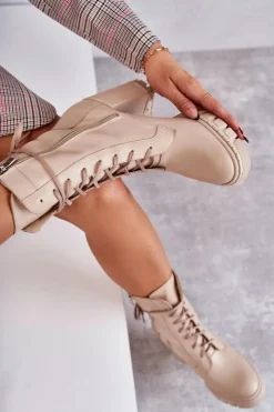 Damskie Boto Damskie Skórzane Botki Na Platformie Beżowe Edna