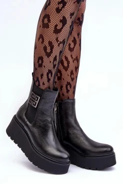 Hot Boto Damskie Skórzane Botki Na Masywnej Platformie Czarne Lemar Savira