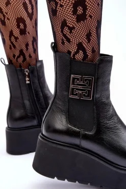 Hot Boto Damskie Skórzane Botki Na Masywnej Platformie Czarne Lemar Savira