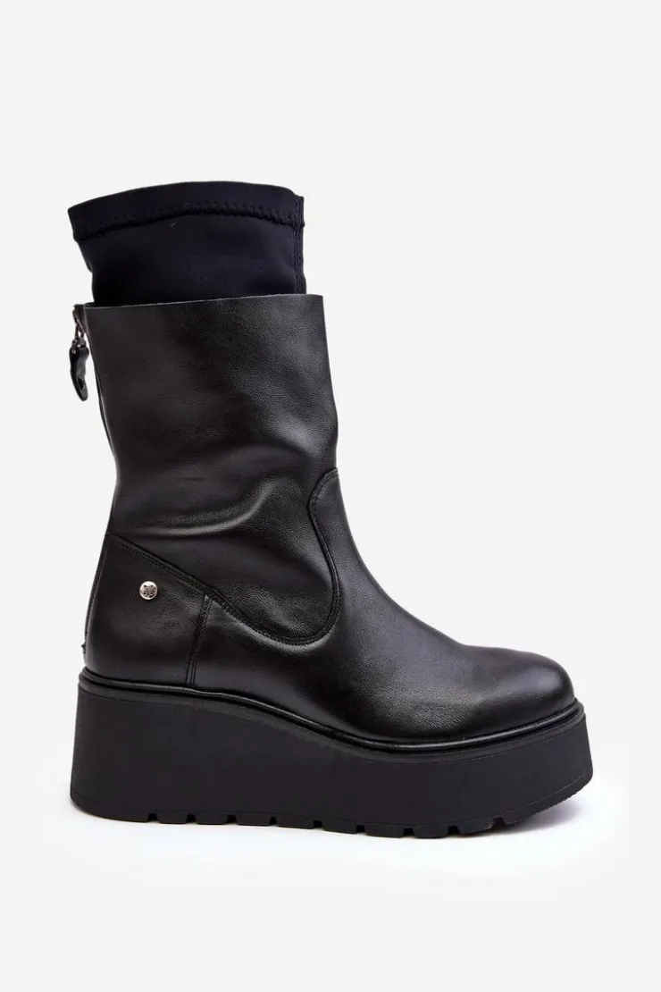 Maciejka Botki Maciejka|Botki Na Koturnie*Damskie Skórzane Botki Na Masywnej Platformie 06246-01 Czarne
