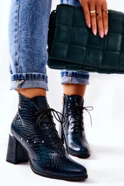 Damskie Boto Damskie Skórzane Botki Na Słupku Zielone Neliko