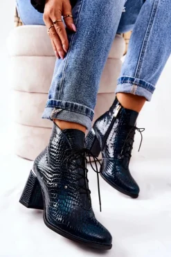 Damskie Boto Damskie Skórzane Botki Na Słupku Zielone Neliko