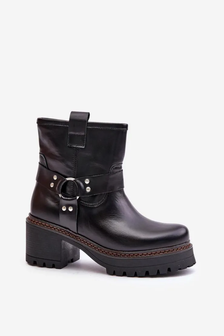 Outlet Boto Damskie Skórzane Botki Na Zamek Lewski 3435 Czarne Czarny