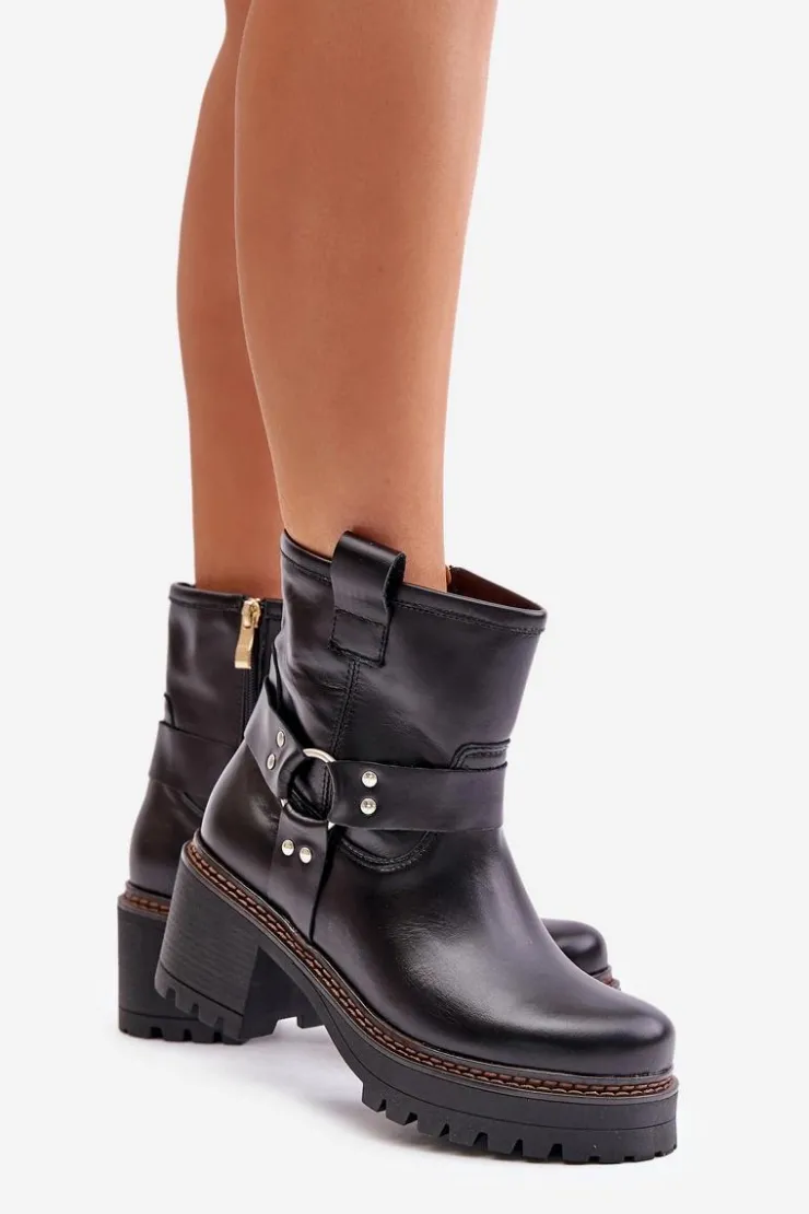 Outlet Boto Damskie Skórzane Botki Na Zamek Lewski 3435 Czarne Czarny