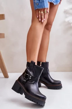 Outlet Boto Damskie Skórzane Botki Na Zamek Lewski 3435 Czarne Czarny