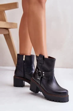 Outlet Boto Damskie Skórzane Botki Na Zamek Lewski 3435 Czarne Czarny