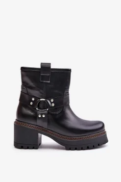 Outlet Boto Damskie Skórzane Botki Na Zamek Lewski 3435 Czarne Czarny